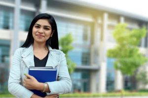 female student taking business management