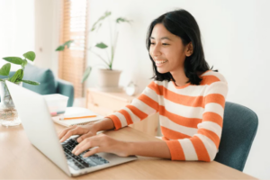 female student having her online class