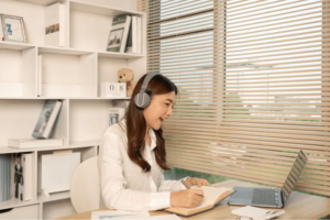 student listening to music while studying