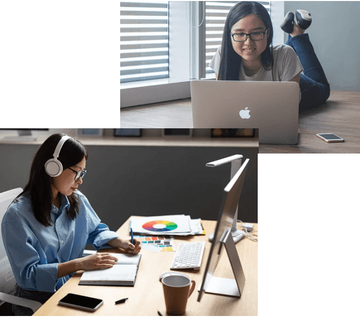 a student using a laptop and a female teacher working on her computer