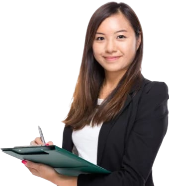 a female student wearing a blazer holding a pen and clipboard