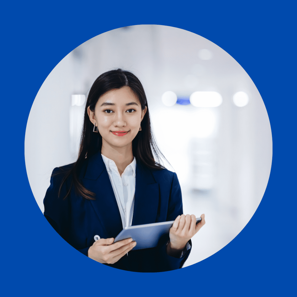 a girl on a suit holding an electronic tablet